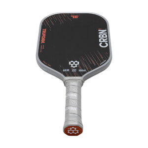 Angled front view of a black CRBN¹ pickleball paddle with red accents, TRUFOAM text, and a gray textured grip.