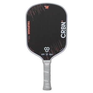 Front view of a black pickleball paddle with orange diagonal lines, TRUFOAM and CRBN4 branding, and a grey grip.