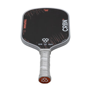 Angled front view of a black and grey pickleball paddle with red streaks, TRUFOAM and CRBN4 text, and a light grey perforated grip.
