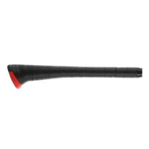 Side view of a black baseball bat grip with a red end cap.