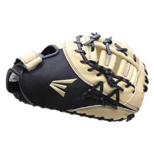 Side view of a tan and black Easton first base mitt with black lacing and a white Easton logo.