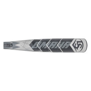 Side view of a gray Louisville Slugger baseball bat with OMAHA text and LS logo.