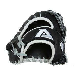 Side view of a black baseball glove with white trim and a silver A logo.