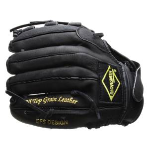 Side view of a black baseball glove with Top Grain Leather and EFS DESIGN text.