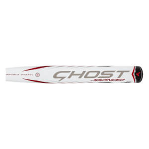 Side view of a white Easton Ghost Advanced fastpitch softball bat with red accents and GHOST ADVANCED text.
