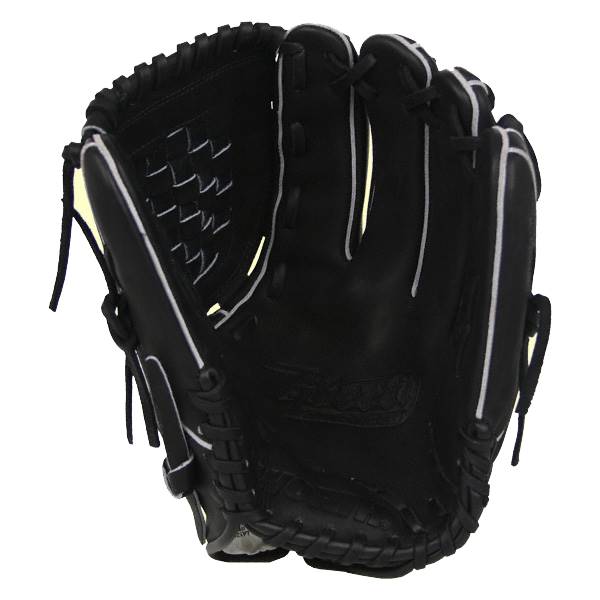 Interior view of a black baseball glove with white stitching and a textured palm.