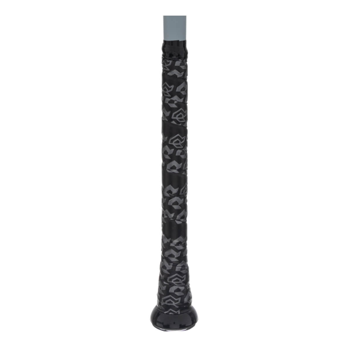 Close-up of a black baseball bat grip with a grey leopard print pattern and a black knob.