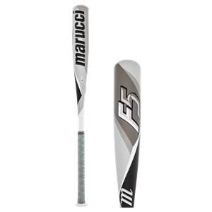 Side view of a white baseball bat with marucci and F5 branding and a grey grip.
