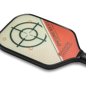 Top-down view of a white pickleball paddle with a target design and ENGAGE ENCORE MX 6.0 text.
