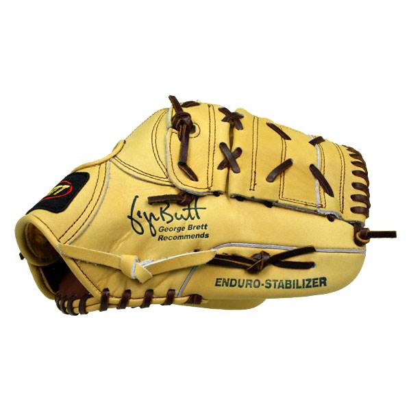 Side view of a tan baseball glove with George Brett Recommends and ENDURO-STABILIZER text.