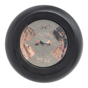 Top-down view of a black softball bat end cap with 34 and 27 oz. markings and a silver M logo.