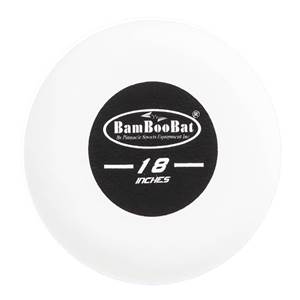 Close-up of a white training bat end with a black circular logo that says BamBooBat and 18 INCHES.