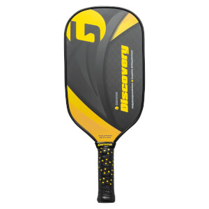 Front view of a black pickleball paddle with yellow Gamma logo and Discovery text.