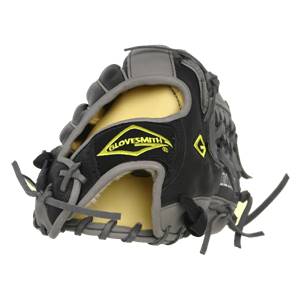 Front view of a black and grey baseball glove with yellow GLOVESMITH logo and G emblem.