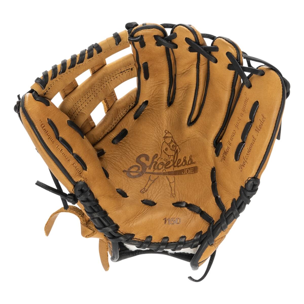 Top-down view of a tan baseball glove with black lacing, a Shoeless Joe logo, and 1150 printed on the palm.