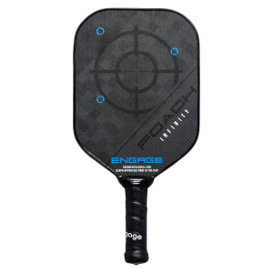 Front view of a black pickleball paddle with a target design, POACH INFINITY text, and ENGAGE logo.