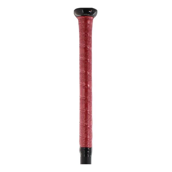 Close-up of a red softball bat grip with a black end cap and textured pattern.