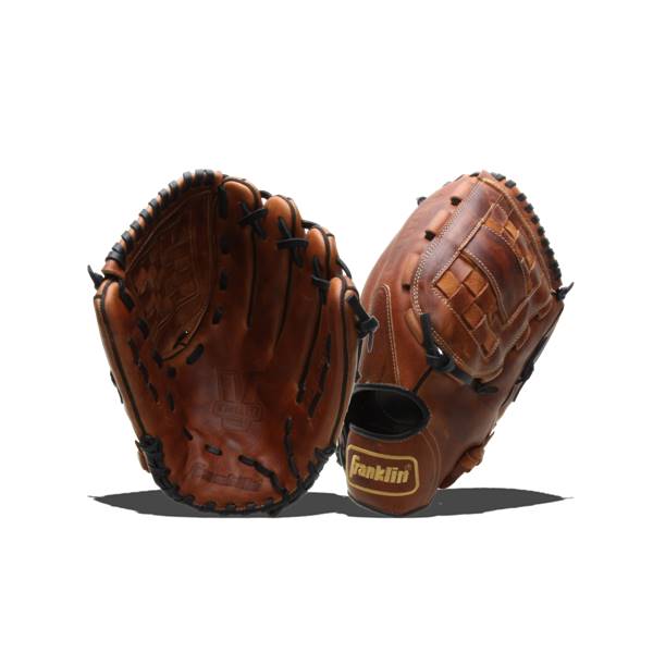 Front view of a brown baseball glove with black lacing and a woven palm detail.