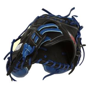 Top-down view of a black catchers mitt with blue lacing and white stitching.