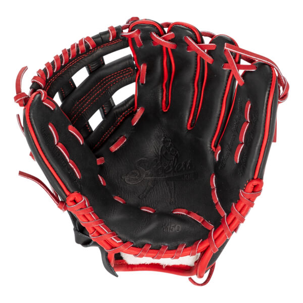 Front view of a black baseball glove with red lacing, Shoeless Joe logo, and white wrist padding.