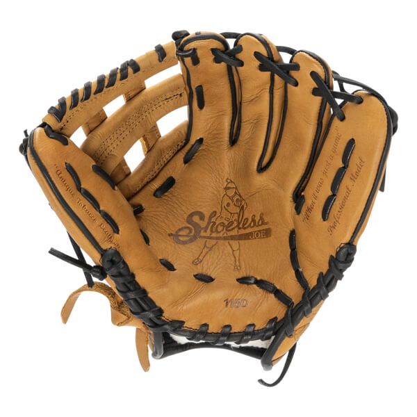 Top-down view of a tan baseball glove with black lacing, a Shoeless Joe logo, and 1150 printed on the palm.