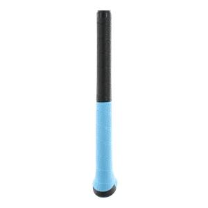 Close-up of a black and blue baseball bat grip with a textured pattern.