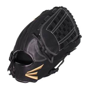 Top-down view of a black Easton softball glove with white stitching and gold Easton logo.