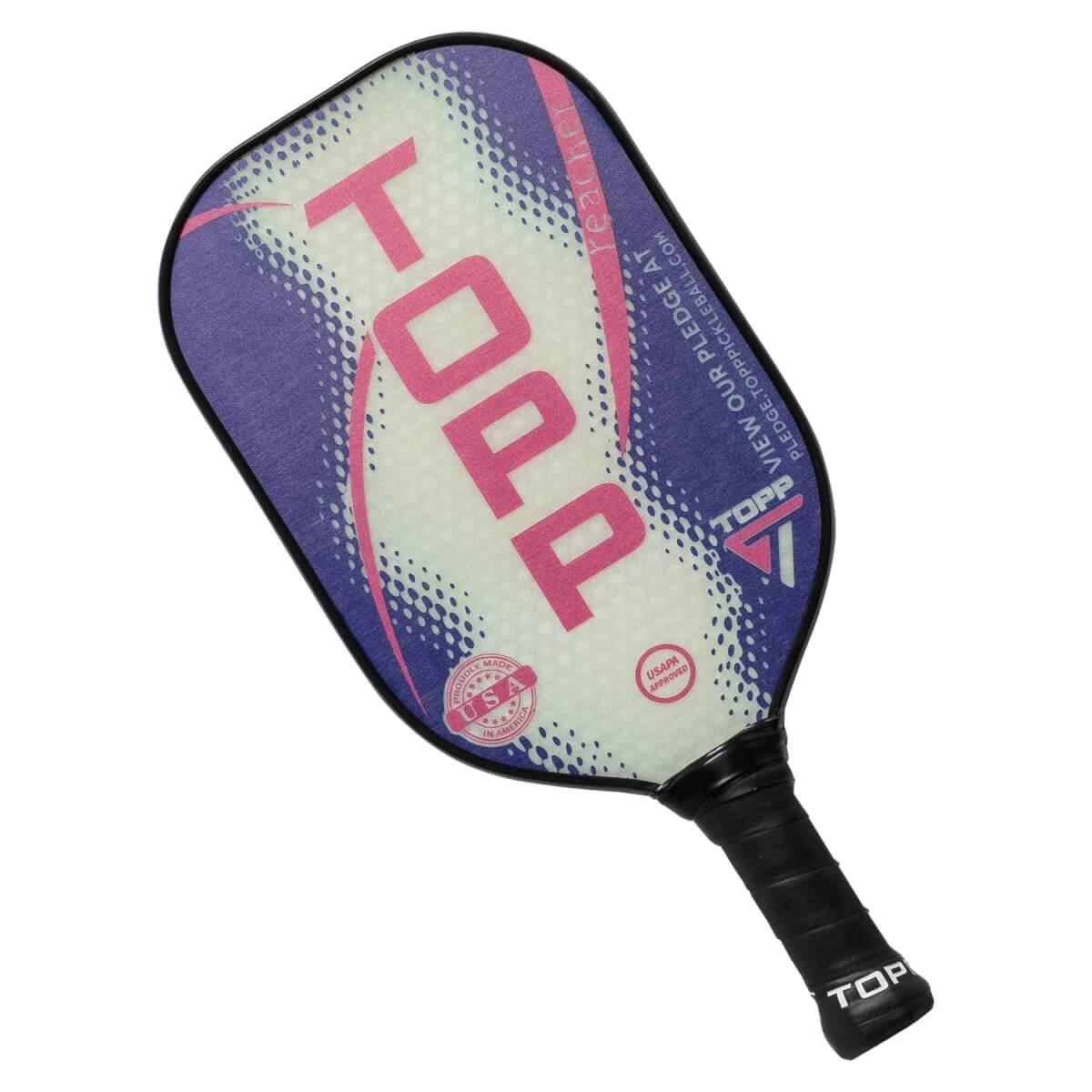 Top-down view of a white pickleball paddle with pink TOPP text, purple abstract design, and black grip.