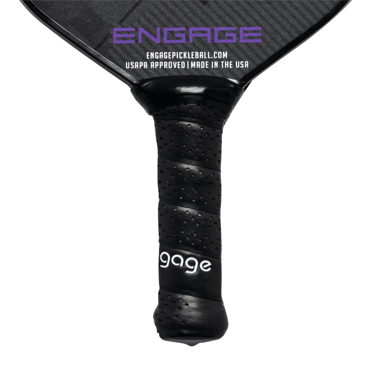 Close-up of a black pickleball paddle grip with perforated texture and gage logo.
