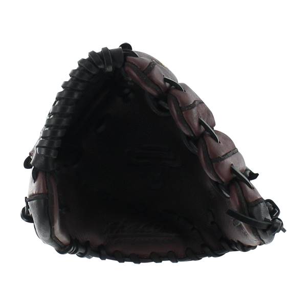 Top-down view of a brown baseball glove with black lacing and a deep pocket.