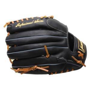 Side view of a black baseball glove with tan lacing and Professional Series text.