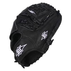Top-down view of a black baseball glove with white Easton logos and a woven palm.