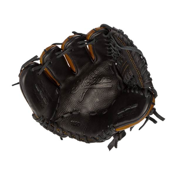 Top-down view of a black baseball glove with brown lining and Shoeless Joe branding.