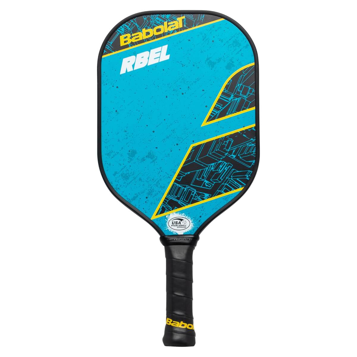 Front view of a blue Babolat RBEL pickleball paddle with a black grip and yellow geometric accents.