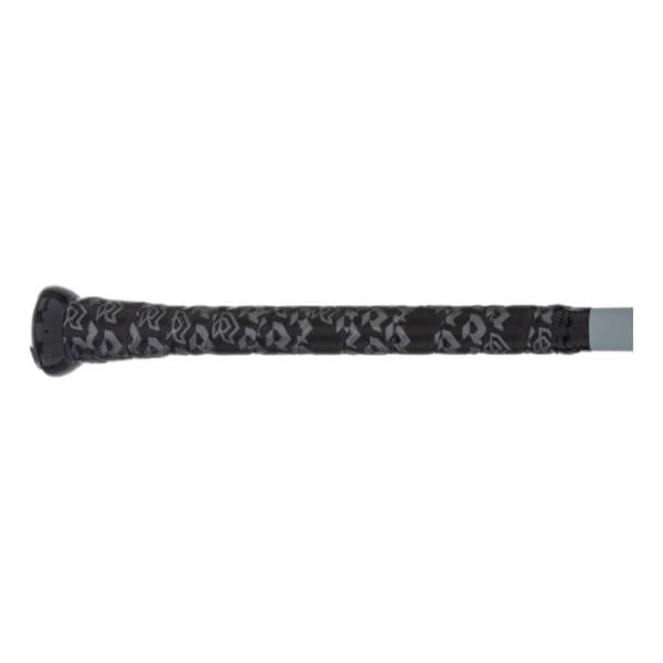 Side view of a black baseball bat with a patterned grip and a gray end cap.