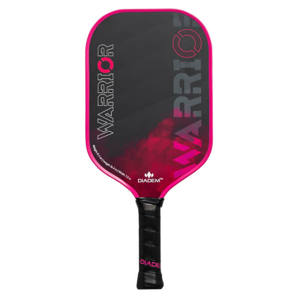 Front view of a black pickleball paddle with pink WARRIOR text and a pink edge.