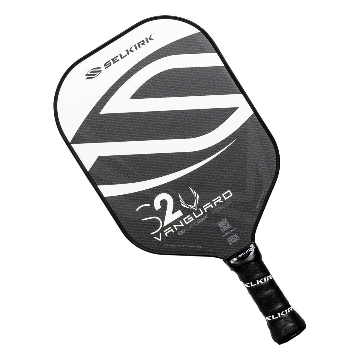 Top-down view of a black and white pickleball paddle with S2 VANGUARD branding and a textured grip.