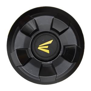 Top-down view of a black baseball bat end cap with a yellow Easton logo and six raised sections.