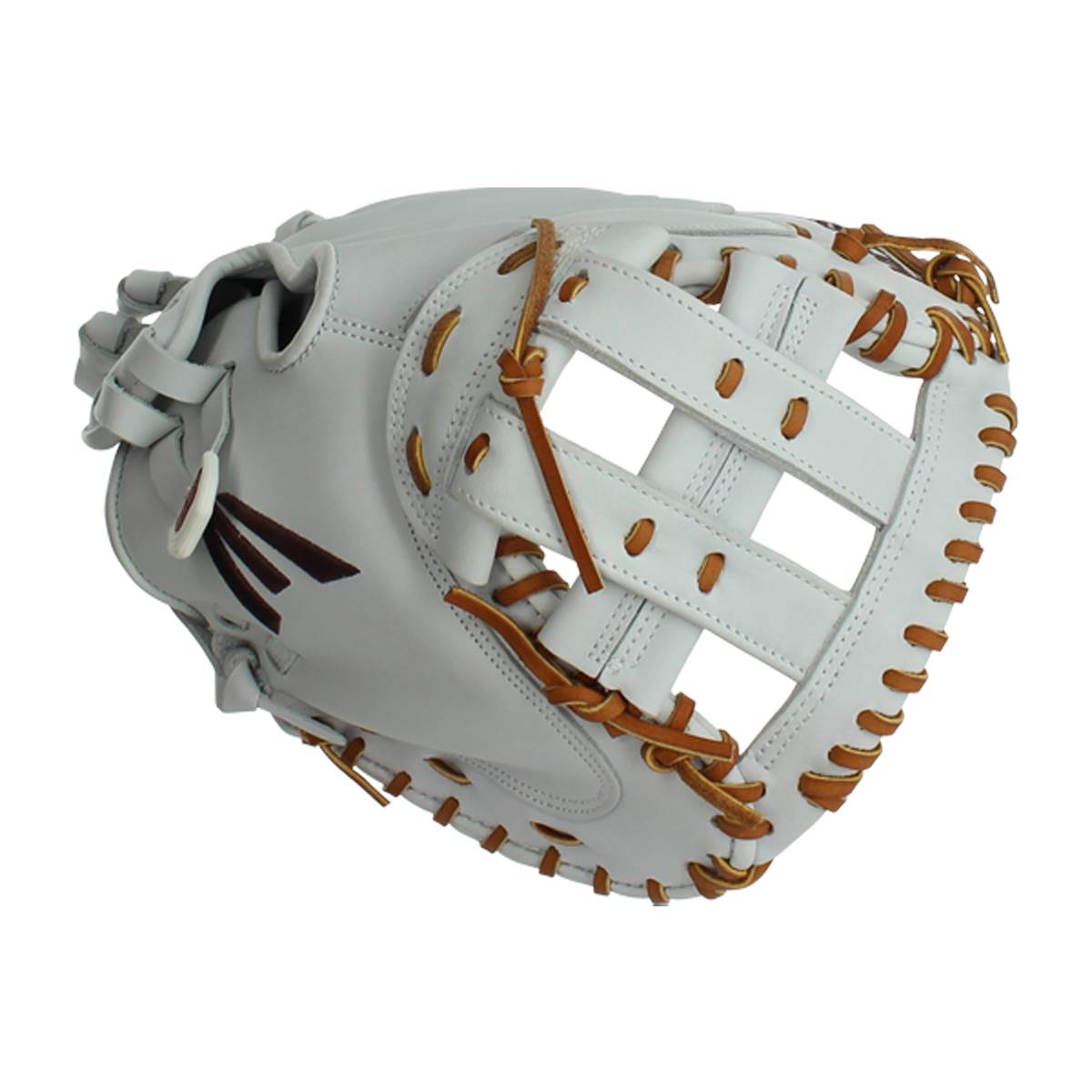 Side view of a white Easton catchers mitt with brown lacing and a woven web.