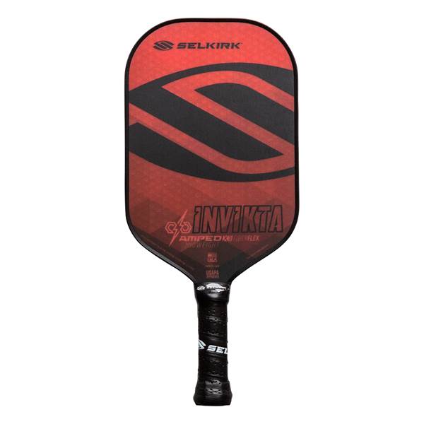 Front view of a red and black pickleball paddle with a large S graphic and INV IKTA text.