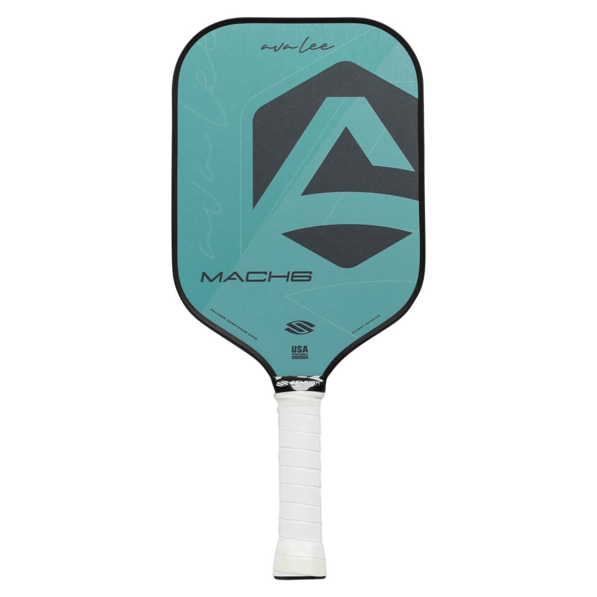 Front view of a teal pickleball paddle with a large dark gray A graphic, MACH6 text, and a white grip.