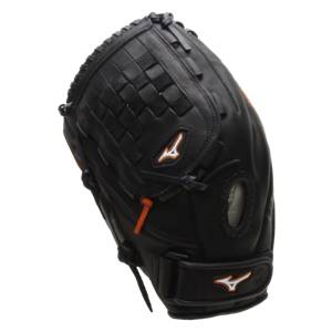 Top-down view of a black baseball glove with orange accents and white Mizuno logos.