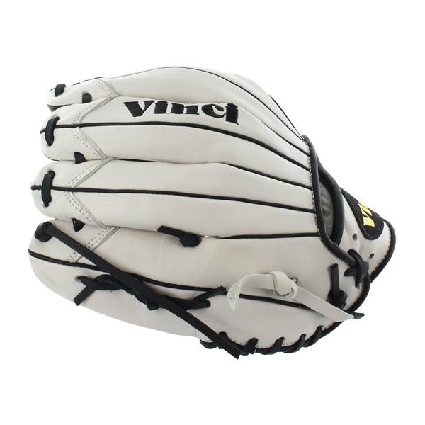 Side view of a white baseball glove with black lacing and Vinci branding.