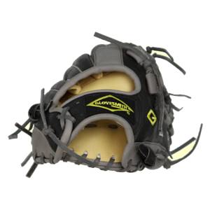 Front view of a black baseball glove with yellow lining and GLOVESMITH logo.