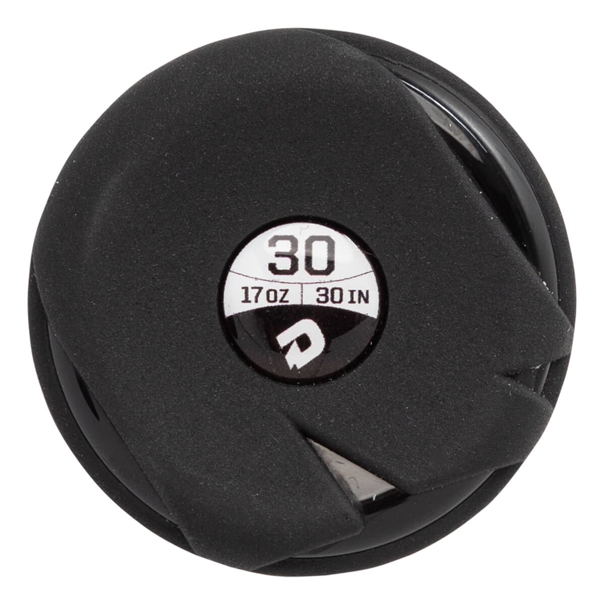 Top-down view of a black softball bat with a 30 size indicator, 17 OZ, and 30 IN labels.