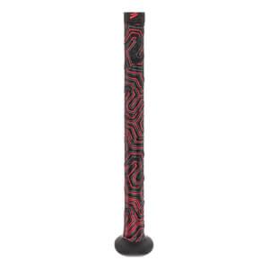 Side view of a black baseball bat with a red geometric grip pattern and black end cap.