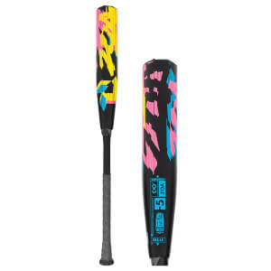 Side view of a black baseball bat with pink, yellow, and blue abstract graphics and ZOA text.
