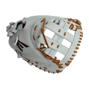 Side view of a white Easton catchers mitt with brown lacing and a woven web.