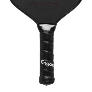 Close-up of a black pickleball paddle grip with perforated texture and white Engag logo.