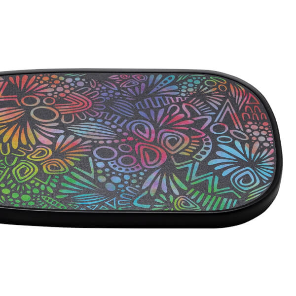 Close-up of a black pickleball paddle with a colorful abstract pattern and textured surface.